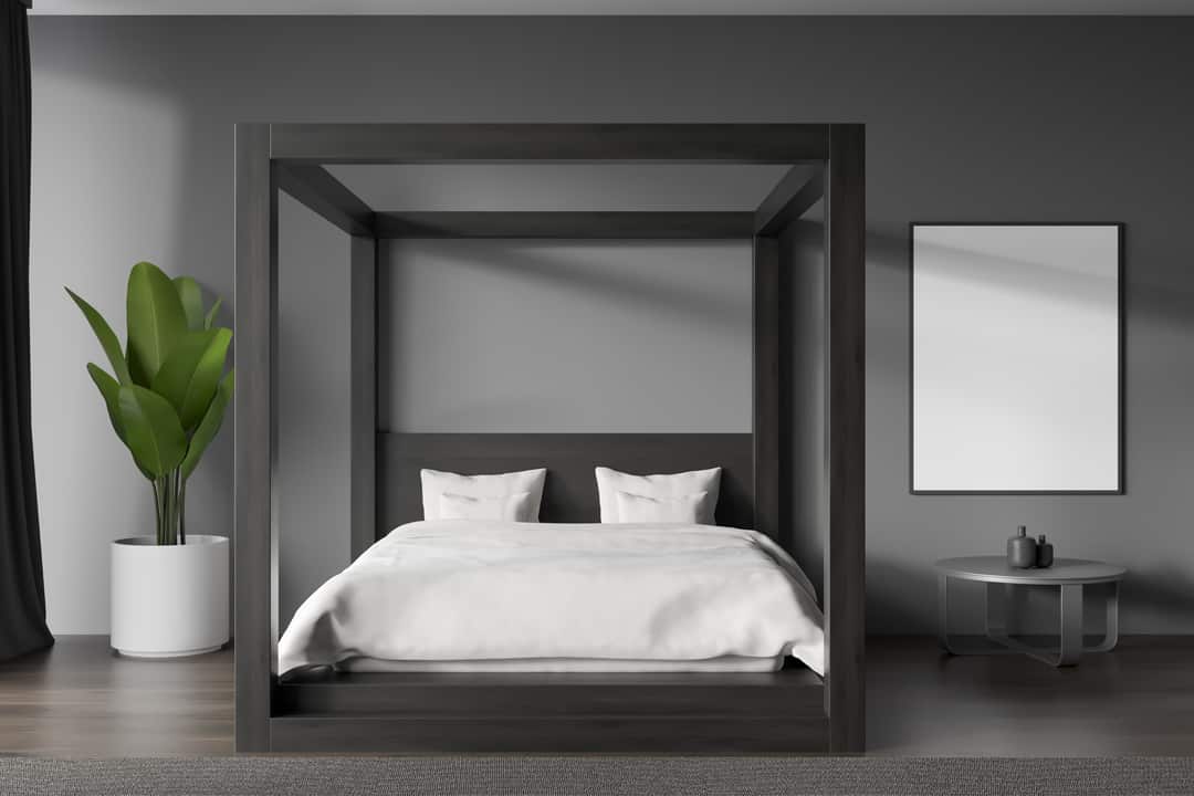 Six Black Metal Bed Frame Bedroom Ideas Homely Baron   Dark Bedroom Interior With Canopy Bed And Coffee Table With Decoration Plant On Hardwood Floor 