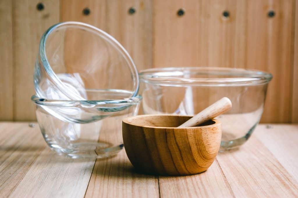 glass and wooden bowls