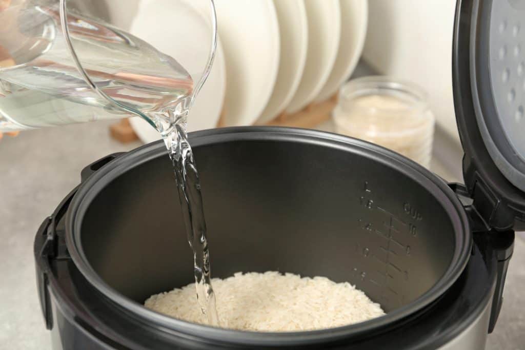 rice and water in a rice cooker